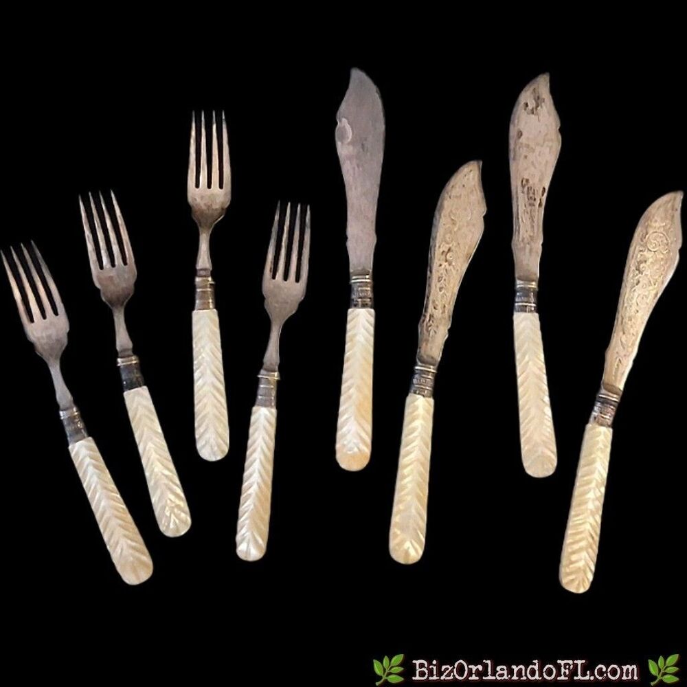 Antique Mother of Pearl Fish Set 4 Knives 4 Forks Chevron Carved Silverplate 8pc